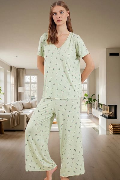 PayBuy Women's Comfortable V-Neck Short Sleeve Viscose Pajama Set Wide Leg Durable Material and Stylish