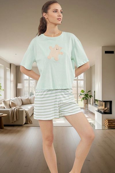 PayBuy Women's Striped Cotton Pajama Set Teddy Bear Printed Comfortable Summer Premium Quality Use