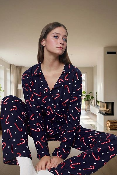 PayBuy Women's New Year's Themed Viscose Pajama Set Comfortable Wide Leg Shally Woven High Quality