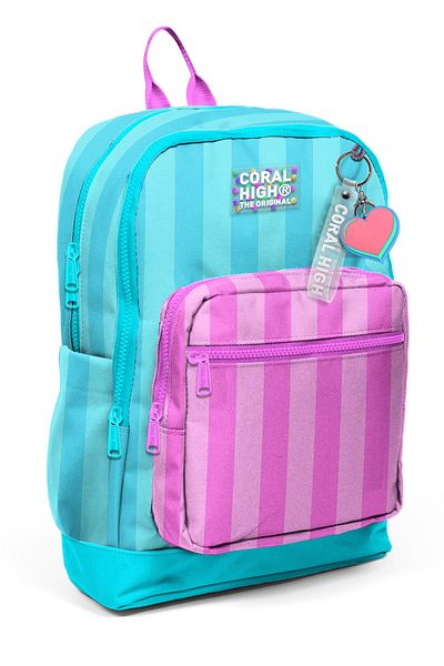 Coral High Turquoise Pink Striped Four Compartment School Backpack 23771