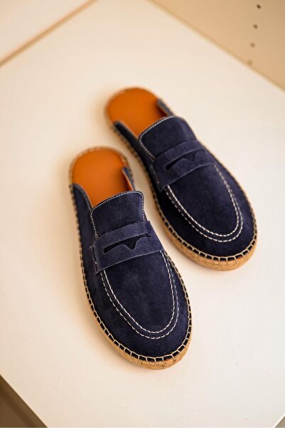 lovitto Men's Genuine Leather Rubber Sole Navy Blue Espadrille Slippers