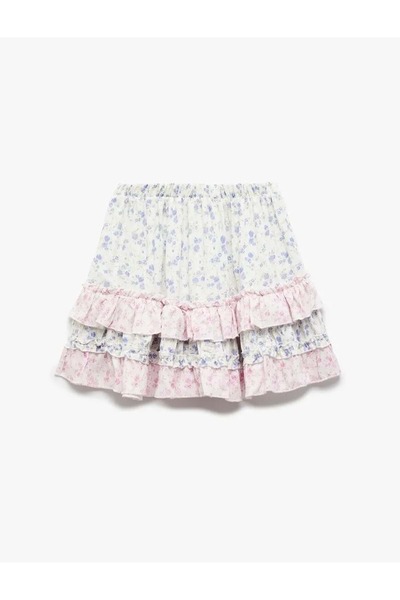 Koton Beli Lastikli Katlı Çiçekli Viskon Etek 5SKG70025AW Lila Desenli