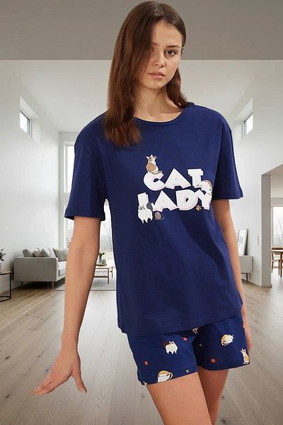 PayBuy Women's Cat 100% Cotton Short Sleeve Pajamas Set Perfect Fit Durable Material