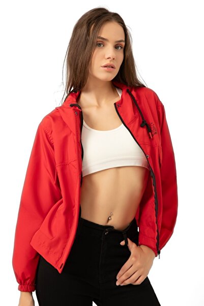 Montland Women's Red Waterproof Wind Resistant Hooded Raincoat - Seasonal with Pockets