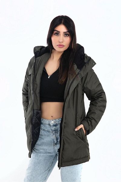 Montland Women's Khaki Fleece Inside Water and Windproof Hooded Winter Coat & Coat & Parka