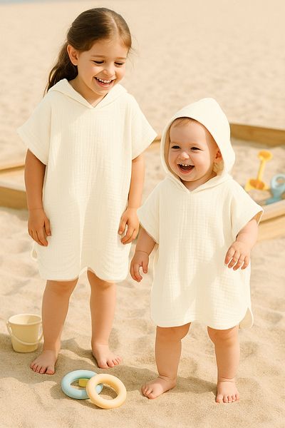 Zuff Baby Ekru White Unisex Muslin Baby and Children's Beach Poncho