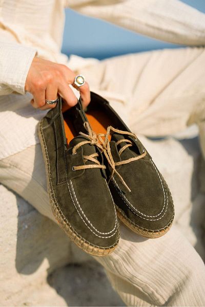 lovitto Men's Genuine Leather Laced Khaki Espadrille Shoes