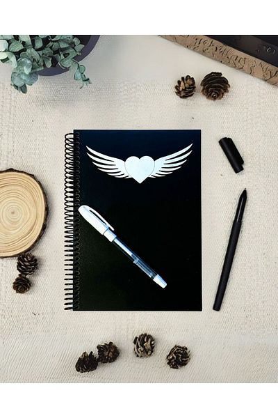 Tasarım Siyah Defter دفتر ملاحظات مع دفتر رسم بأوراق سوداء مع صفحات سوداء بنمط قلب مجنح بغلاف خشبي دفتر ذاكرة