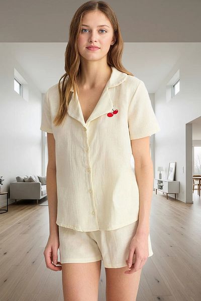 PayBuy Women's Cotton Cherry Embroidered Muslin Pajama Set Comfortable Summer Use