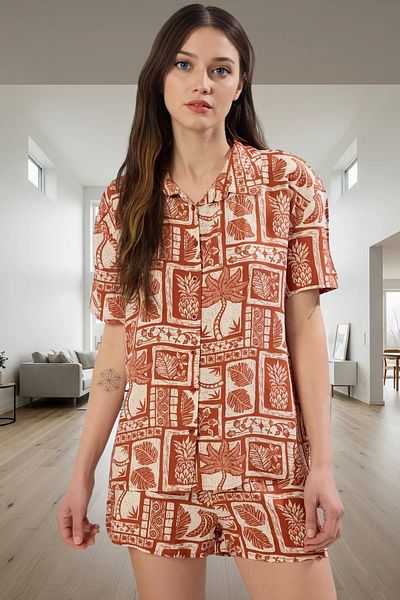 PayBuy Women's Cinnamon Ethnic Patterned Shally Pajamas Set Comfortable Summer Home Wear Set Trend Design