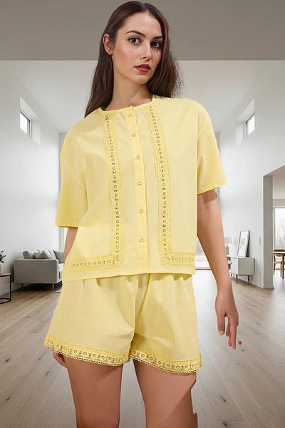 PayBuy Women's Summer Cotton Embroidered Pajamas Set Regular Fit Short Sleeve Comfortable Elegant Design