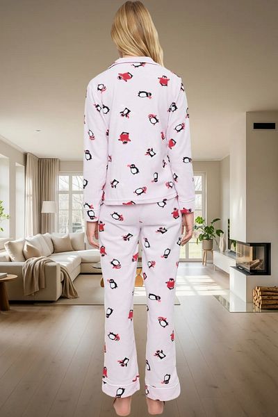 PayBuy Women's Penguin Patterned Winter Fleece Pajamas Set Regular Pipe Leg Premium Quality Comfortable Cut