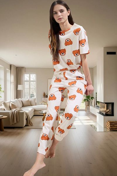 PayBuy Women's 100% Cotton Pajama Set with Teddy Bear Comfortable Pipe Leg Lounge Wear High Quality