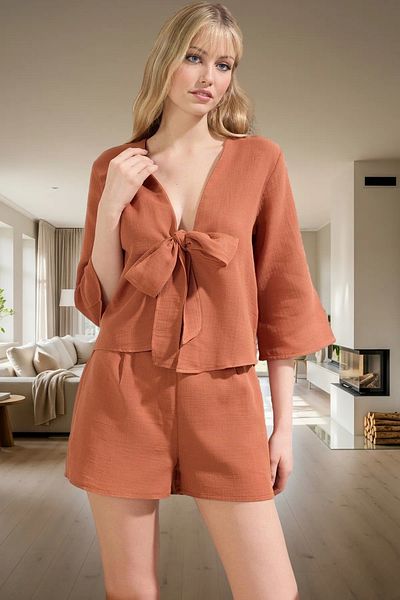PayBuy Women's Cotton Muslin Pajama Set Shawl Collar Three Quarter Sleeve Wide Leg Professional Look