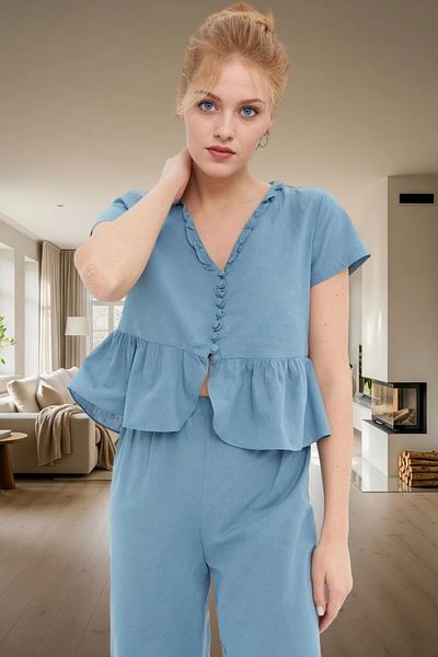 PayBuy Women's V Neck Ruffle Viscose Pajama Set for Comfortable Daily Wear