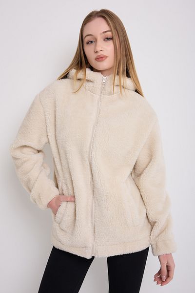 Firststops Women's Ecru Plush Windproof Welsoft Double Pocket Hooded Winter Coat