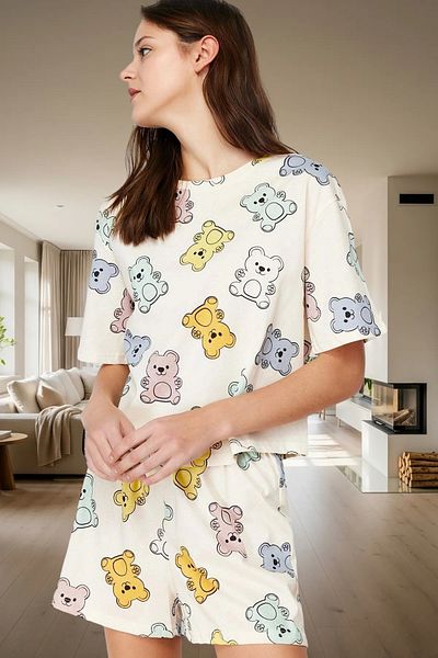 PayBuy Women's Teddy Bear Cotton Pajama Set Color Comfortable Fit Summer Trend Design Professional Look