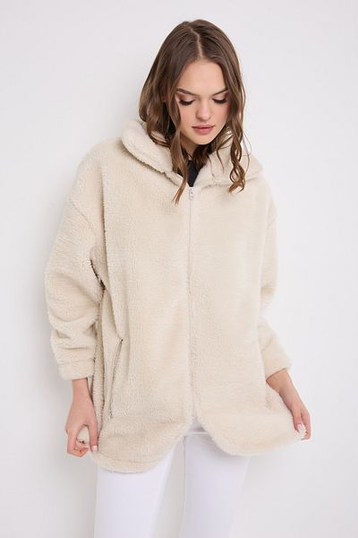Montland Women's Ecru Plush Windproof Welsoft Winter Coat Coat with Double Pockets