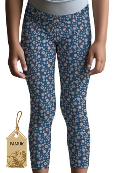 MK Mukko Kids Leggings lungi din lycra cu model de flori albastre pentru fete, sezonier/vară, confortabili, din bumbac, anti-transpirație