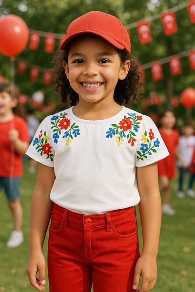 Hilal Akıncı Kids Girl's Embroidery Detailed White Blouse Colorful Trousers