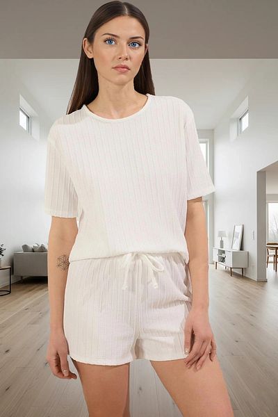 PayBuy Women's Casual Knitted Pajamas Set with Shorts Short Sleeve Summer Modern Style for Daily Use