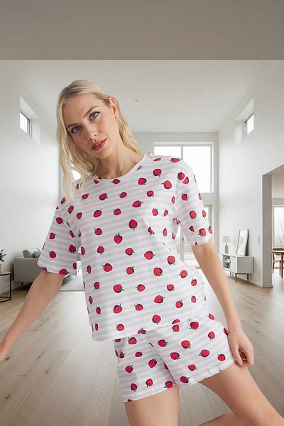 PayBuy Women's Summer Short Sleeve Strawberry Pajamas Set 100% Cotton Regular Fit Comfortable Cut