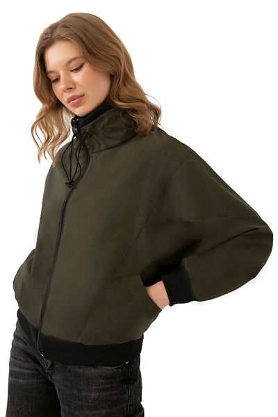 Firststops Khaki Women's Oversize Crop Top - Water and Windproof, Stand Collar Seasonal Raincoat Windbreaker