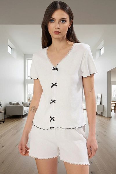 PayBuy Women's Cotton Knitted Pajamas Set V-Neck Short Sleeve Lace Detail High Quality Special Design