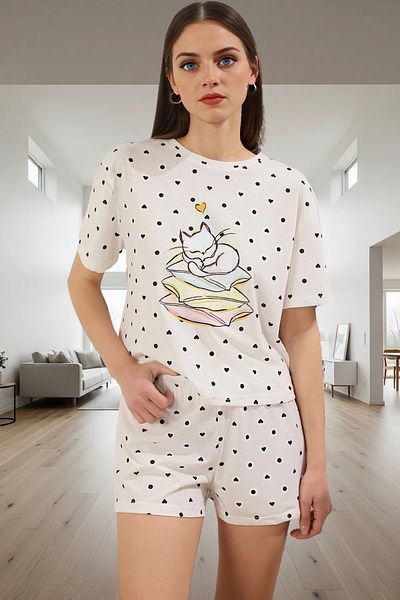 PayBuy Women's Cotton Cat Printed Short Sleeve Pajamas Set High Quality Quality Craftsmanship Special Design
