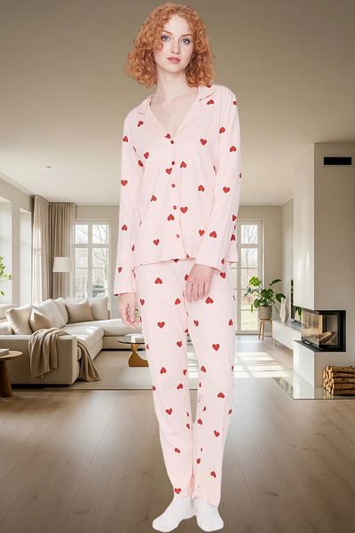 PayBuy Women's Heart Pajama Set 100% Cotton Winter Comfortable Sleep Set Elegant Design and Stylish