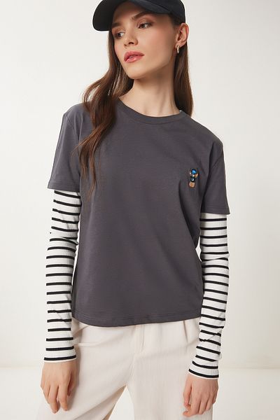 Lovelyİstanbul Tricou tricotat din bumbac brodat cu ursuleț ANTRACIT LCR0029