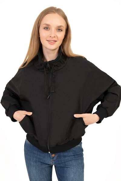 Royalside Black Water and Windproof Oversize Crop Women's Raincoat Windbreaker - Stand Collar Seasonal