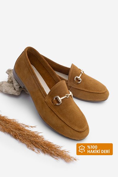 Marjin Camel Suede Genuine Leather Chain Women's Loafer - Casual Shoes