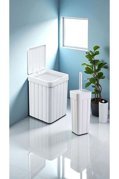 Herza House 2-Piece Bathroom Set - Bas Open Lid Trash Can (10 L) - Wc Brush Holder