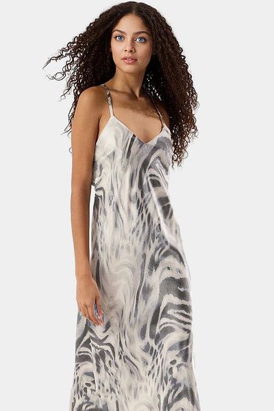 PayBuy Midi Length Satin Dress Abstract Pattern Sleeveless Straight Cut Polyester Fabric Comfortable and Stylish