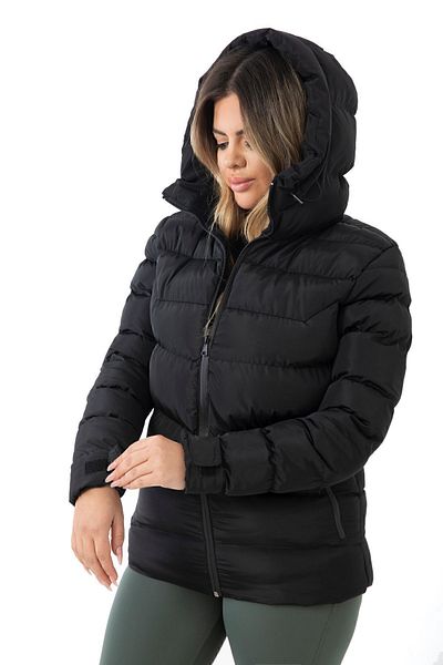 Royalside Palton negru de puf pentru femei - cu glugă, fleece, blană, impermeabil și rezistent la vânt