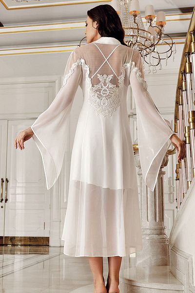 İmaj İmaj 4201 Women's Ecru Nightgown with Morning Dress Double Dowry Satin Set