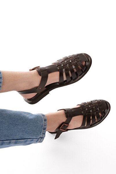 Marjin Dámské sandály na denní nošení s podrážkou Eva Kesva Brown z pravé kůže