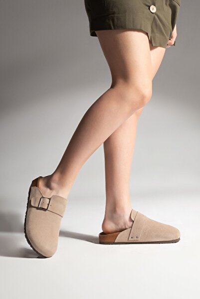 Marjin Dámská pravá kůže Eva Podrážka Přední uzavřená přezka Sabo Denní pantofle Sumpa Béžový semiš