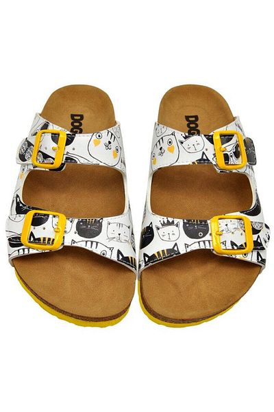 Dogo Papuci albi din piele vegană pentru femei - Design Monochrome Cats
