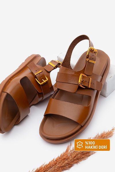 Marjin Women's Genuine Leather Double Strap Casual Sandals