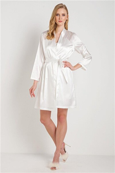 Magic Form 30428 Women's Ecru Plain Satin Fabric Short Dressing Gown