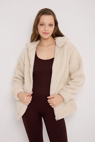 Royalside Women's Ecru Plush Windproof Welsoft Double Pocket Hooded Winter Coat
