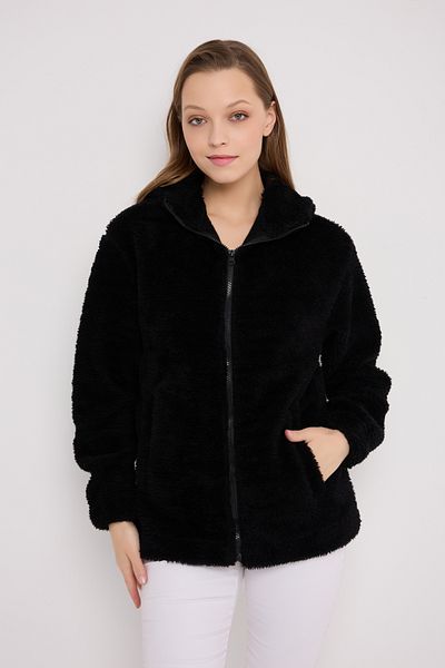 Royalside Women's Black Plush Windproof Welsoft Double Pocket Winter Coat Coat
