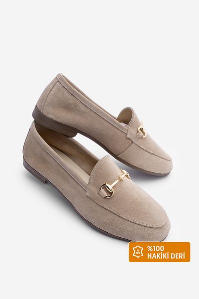 Marjin Γυναικείο Loafer Beige Suede - Γνήσιο δέρμα και Chain Casual Παπούτσια