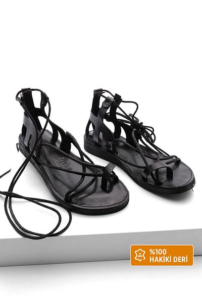 Marjin Women's Leather Eva Sole Ankle Strap Flip Flop Daily Sandals Tinet black