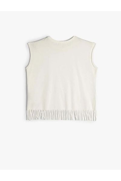 Koton Bead Detailed Tassel Cotton T-Shirt - Sleeveless, Short Sleeve, Crew Neck