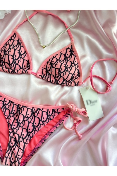 Home Boyundan bağlamalı İpli Pembe Bikini Takımı