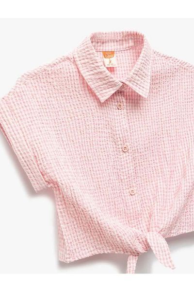 Koton Baby Girl Short Sleeve Classic Collar Front Tie Detail Crop Shirt 5Smg60033Aw Pink