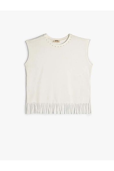 Koton Bead Detailed Tassel Cotton T-Shirt - Sleeveless, Short Sleeve, Crew Neck
